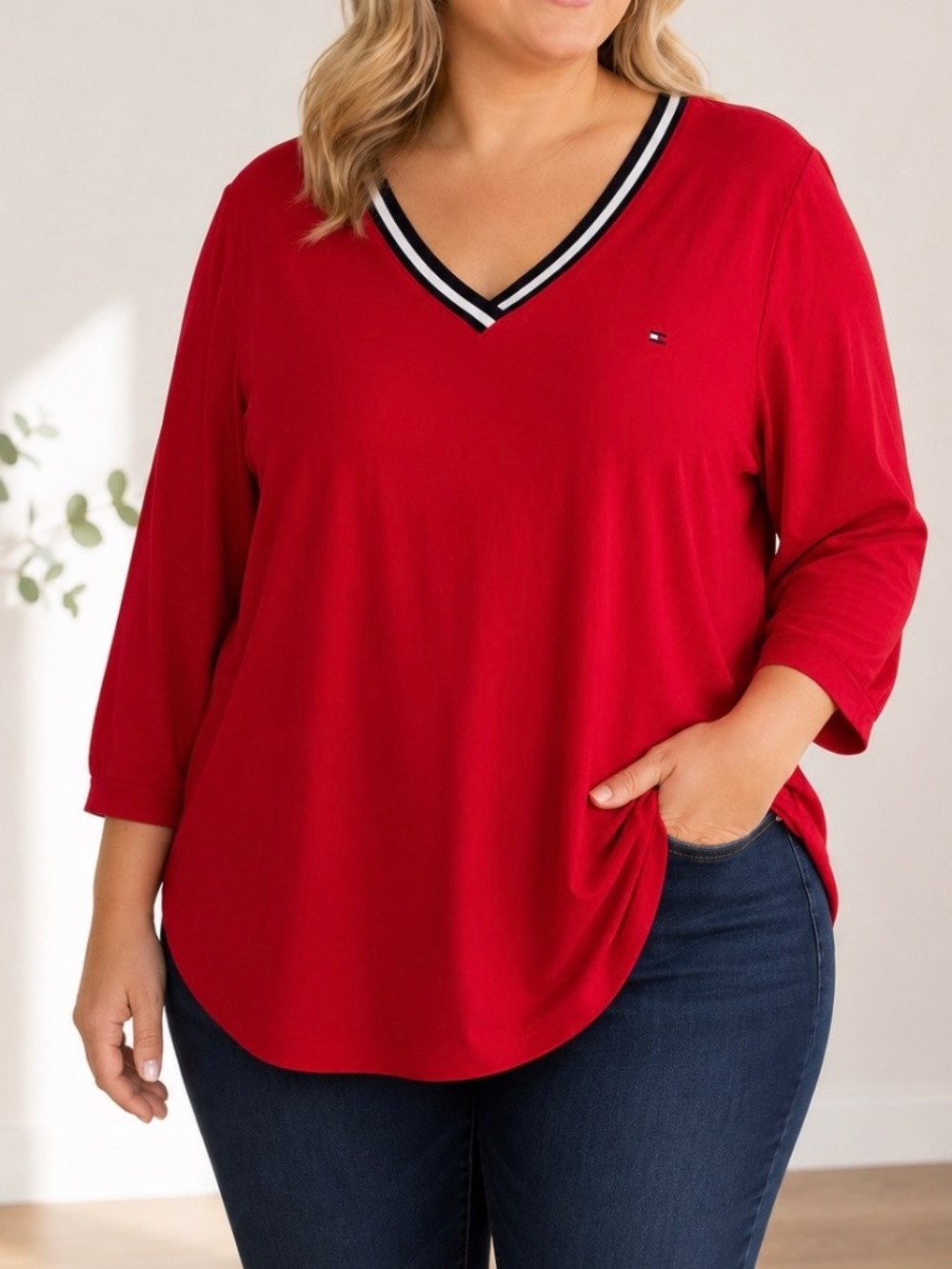 Tommy Hilfiger Sweater Women's 3X Plus Size Red Cotton V-Neck NWT